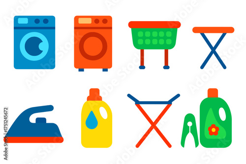 Laundry Room Icons. Flat vector icons of laundry room items: washing machine, dryer, laundry basket, ironing board, iron,
