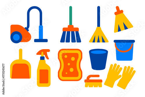 Vibrant Cleaning Icons. Flat vector icons of cleaning tools: vacuum cleaner, mop, broom, dustpan, sponge, bucket, spray bottle,