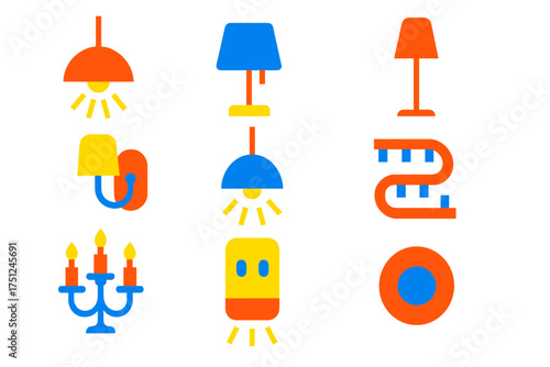 Home Lighting Icons. Flat vector icons of lighting types at home: ceiling light, table lamp, floor lamp, wall sconce, pendant