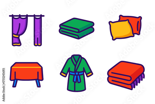 Home Textiles Icons. Flat vector icons of home textiles: curtains, bedsheets, duvet, pillowcases, cushions, tablecloth, bathrobe,