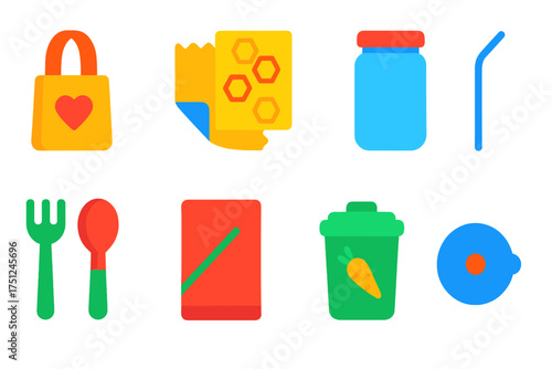 Sustainable Home Icons. Flat vector icons of reusable home products: reusable shopping bag, beeswax wrap, glass jar, bamboo