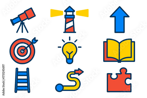 Vision and Mission Icons. Flat vector icons of vision and mission visuals: telescope, lighthouse, upward arrow, goal target, light
