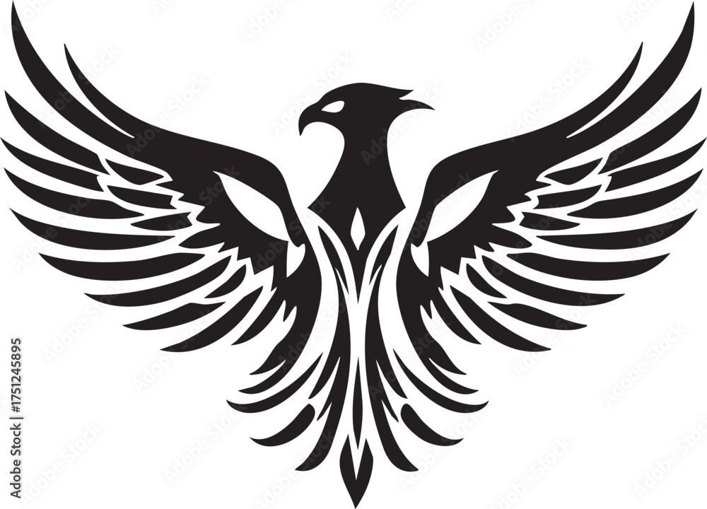 Fototapeta premium Phoenix silhouette with spread wings and intricate feathers in black and white vector for myth, rebirth, and fantasy themes