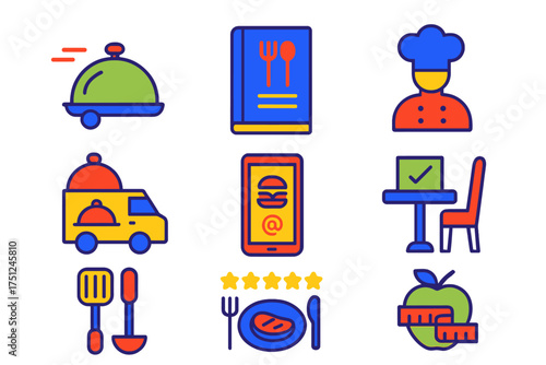 Food Services Icons. Flat vector icons of food services: meal delivery, online menu, chef service, catering truck, food ordering