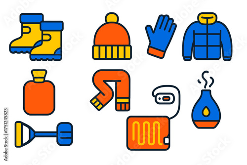 Winter Essentials Icons. Flat vector icons of winter products: snow boots, wool hat, thermal gloves, hot water bottle, scarf,