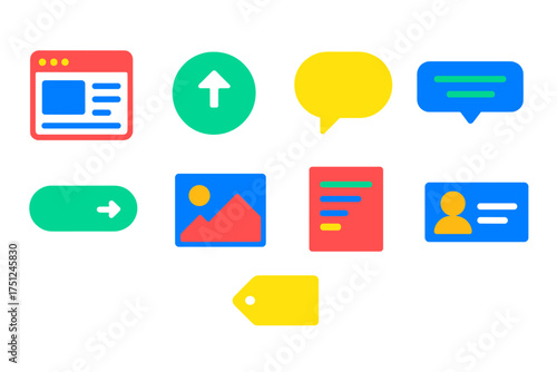 Modern Blog Icons. Flat vector icons of blog interface elements: blog post window, publish button, comment bubble, blog header,