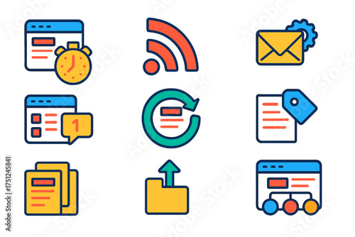 Blog Automation Icons. Flat vector icons of blog automation: scheduled publish, RSS feed, auto responder, post queue, recurring