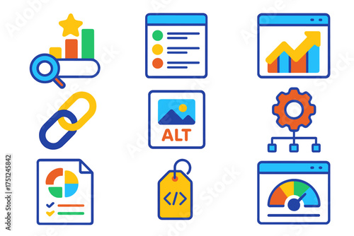 SEO Tools Icons. Flat vector icons of blog SEO tools: search ranking, keyword list, traffic graph, link building, alt text icon,