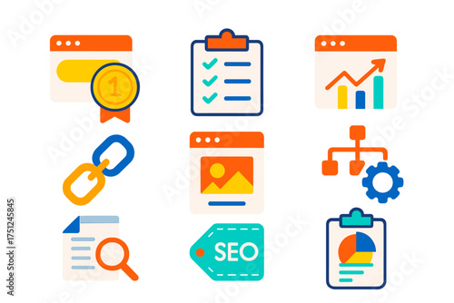 SEO Tools Icons. Flat vector icons of blog SEO tools: search ranking, keyword list, traffic graph, link building, alt text icon,