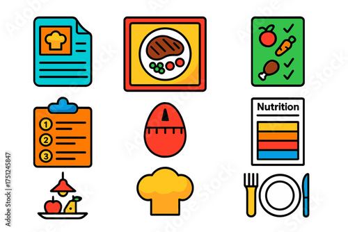 Colorful Food Blog Icons. Flat vector icons of food blog visuals: recipe card, meal photo, ingredients list, cooking steps, food