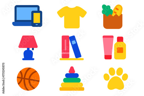 Vibrant Shopping Icons. Flat vector icons of shopping categories: electronics, clothing, groceries, home decor, books, beauty