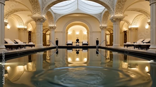 Elegant Indoor Swimming Pool With Ornate Columns And Reflecting Water In A Luxurious Spa Or Resort With Soft Warm Lighting Illuminating The Serene Ambiance