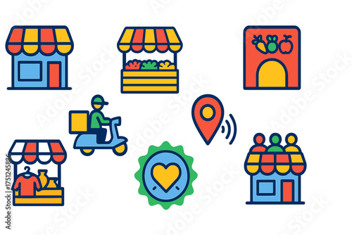 Vibrant Local Shop Icons. Flat vector icons of local shop concepts: street shop, local market, farmers shop, handmade stall, local