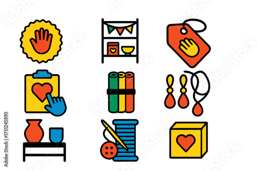 Handmade Product Icons. Flat vector icons of handmade product shops: handmade label, craft shelf, artisan tag, custom order icon,