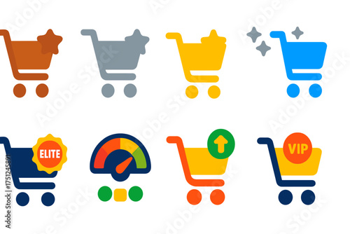 Cart Loyalty Icons. Flat vector icons of cart loyalty tiers: bronze cart, silver cart, gold cart, platinum cart icon, elite cart