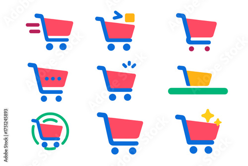 Dynamic Cart Icons. Flat vector icons of cart animations: cart rolling, item flying to cart, bounce cart icon, cart with loading