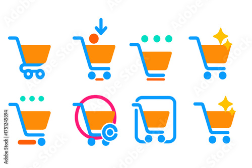 Dynamic Cart Icons. Flat vector icons of cart animations: cart rolling, item flying to cart, bounce cart icon, cart with loading