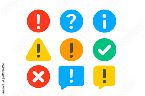 Bright Alert Icons Set. Flat vector icons of alert symbols: exclamation mark icon, question icon, information "i" icon, danger