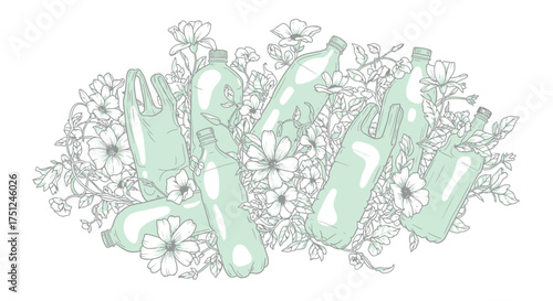Elegant floral design features plastic bottles and bags intertwined with blossoming flowers, symbolizing eco-awareness and sustainable living beautifully