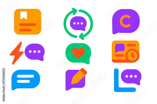 Colorful Message Icons. Flat vector icons of message templates and drafts: saved message draft, auto-reply template, canned