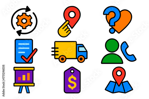 Modern FAQ Icons. Flat vector icons of popular questions FAQ: how it works icon, where to start icon, why choose us FAQ, what’s