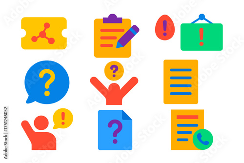 Help Icons Collection. Flat vector icons of help requests: submit help ticket, help form icon, need assistance sign, help request