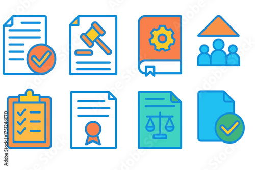 Compliance Icons Set. Flat vector icons of compliance and governance policies: compliance report icon, legal regulation paper,