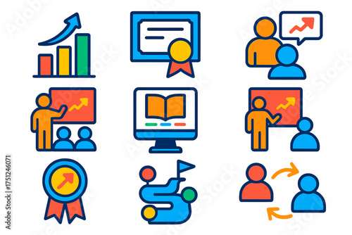 Professional Development Icons. Flat vector icons of professional development: skill improvement chart, training certificate,