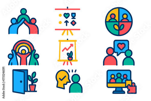 Workplace Culture Icons. Flat vector icons of workplace culture: teamwork icon, corporate values board, diversity badge, inclusive