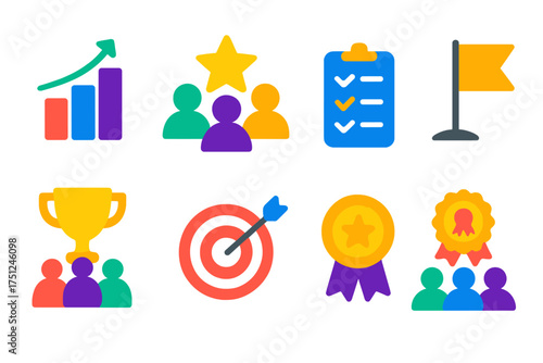 Team Success Icons. Flat vector icons of team performance and goals: rising bar chart, star rating team, KPI checklist, success
