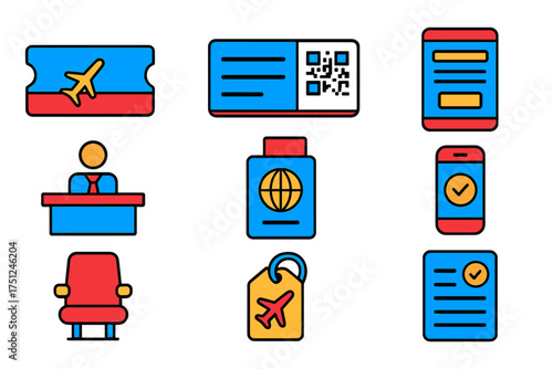 Flight Booking Icons. Flat vector icons of flight booking and check-in: airplane ticket icon, boarding pass with QR, online