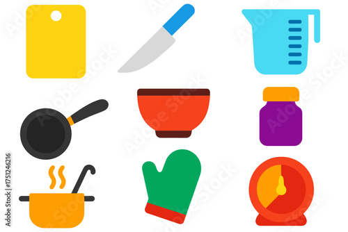 Colorful Kitchen Icons. Flat vector icons of kitchen and food prep: chopping board, chef’s knife, mixing bowl, measuring cup,