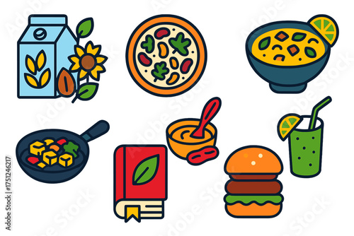 Vegan Recipe Icons. Flat vector icons of vegan recipes: plant milk ingredients, bean salad, vegetable curry, tempeh stir-fry,