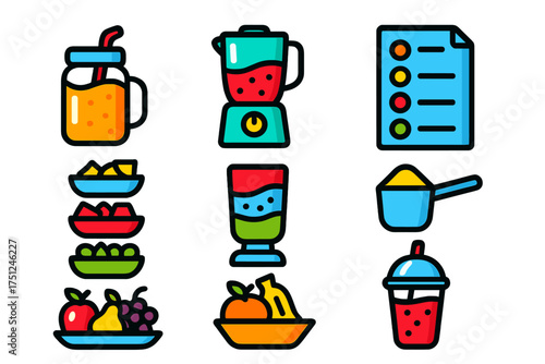 Smoothie Icon Set. Flat vector icons of smoothie recipes: smoothie jar, fruit blender, recipe list, ingredient portions, layered