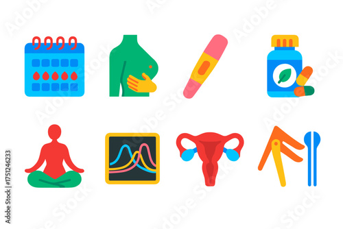 Women's Health Icons. Flat vector icons of women's health: menstrual calendar, breast exam, pregnancy test, prenatal vitamins,