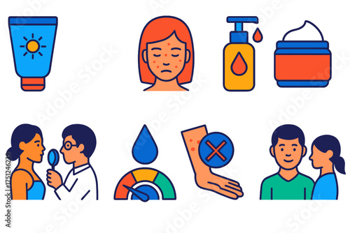 Skincare Icons Set. Flat vector icons of skin health: sunscreen tube, acne treatment, face cleanser, moisturizer jar, skin checkup