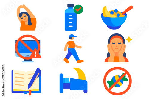 Daily Health Icons. Flat vector icons of daily health habits: morning stretch, hydration tracker, healthy breakfast, screen break