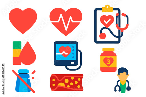 Heart Health Icons. Flat vector icons of heart health: red heart icon, ECG line, heart checkup, cholesterol chart, blood pressure