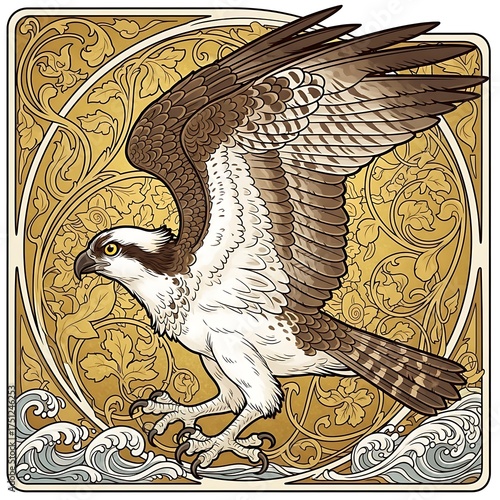 Osprey in Flight - Art Nouveau Illustration of a Majestic Bird.