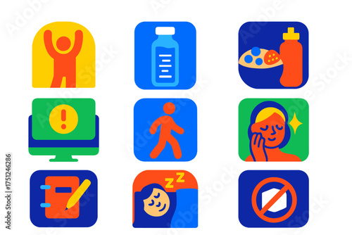 Daily Health Icons. Flat vector icons of daily health habits: morning stretch, hydration tracker, healthy breakfast, screen break