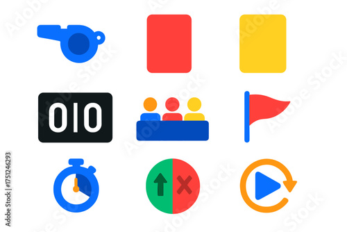 Referee Icons Set. Flat vector icons of refereeing and judging: referee whistle, red card, yellow card, score board, judging panel