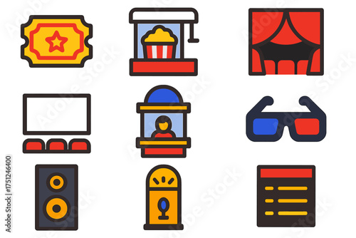 Movie Theater Icons. Flat vector icons of movie theaters: cinema ticket, popcorn machine, theater curtain, film screen, ticket