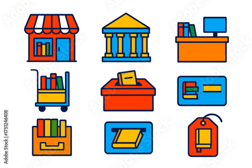 Library Icons Set. Flat vector icons of book stores and libraries: storefront, library building, checkout desk, book cart, book