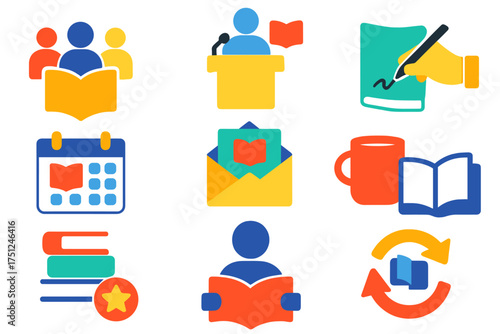 Colorful Flat Book Icons. Flat vector icons of book clubs and events: group discussion, speaker podium, book signing, event
