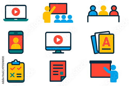 Colorful Learning Icons. Flat vector icons of learning methods: online course, classroom lecture, study group, e-learning app,