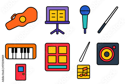 School Music Icons. Flat vector icons of school music programs: instrument case, sheet music stand, choir mic, keyboard, drum pad,