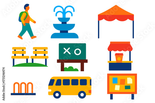 Campus Life Icons. Flat vector icons of campus life: student walking, campus fountain, orientation tent, quad benches, outdoor