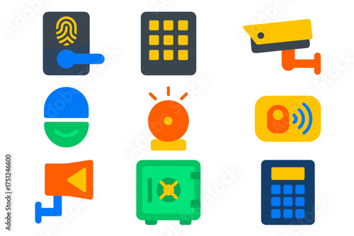 Security Hardware Icons. Flat vector icons of security hardware: biometric lock, keypad entry, CCTV camera, motion sensor, alarm