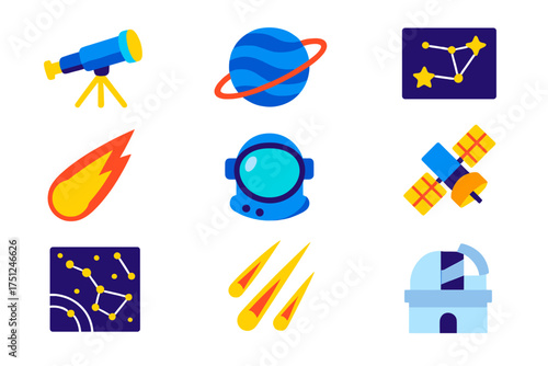 Astronomy Icons Collection. Flat vector icons of astronomy: [telescope, planet, star chart], [comet, astronaut helmet, satellite],