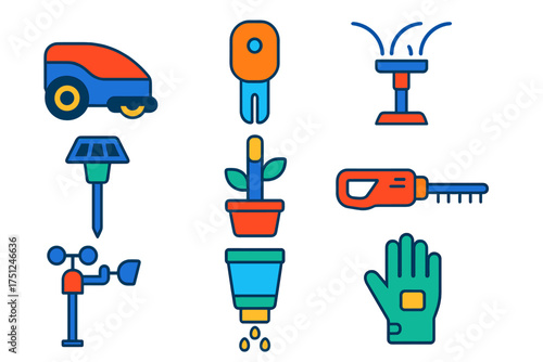 Garden Gadget Icons. Flat vector icons of lawn & garden gadgets: robotic mower, soil moisture sensor, smart sprinkler, solar